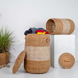 Handwoven seagrass storage basket for organizing and decor.