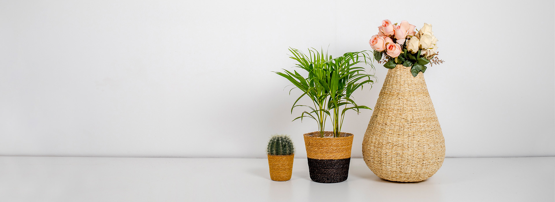 Handwoven seagrass planter with a natural design for indoor and outdoor plants.