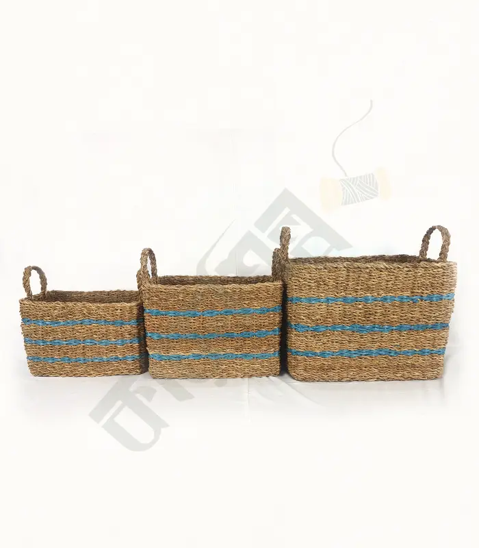 Seagrass Handwoven Natural with Blue Mixed Storage Baskets set of 3 with Handels